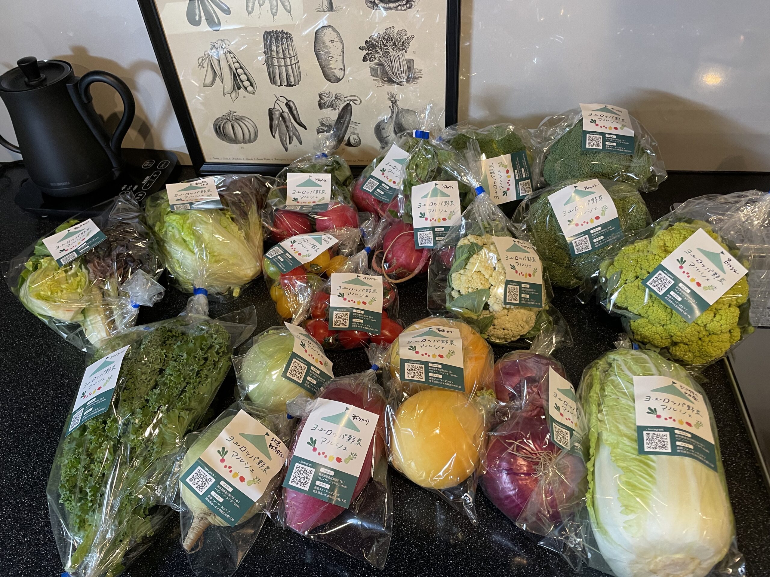 ラベルの付いたヨーロッパ野菜が並ぶマルシェの商品