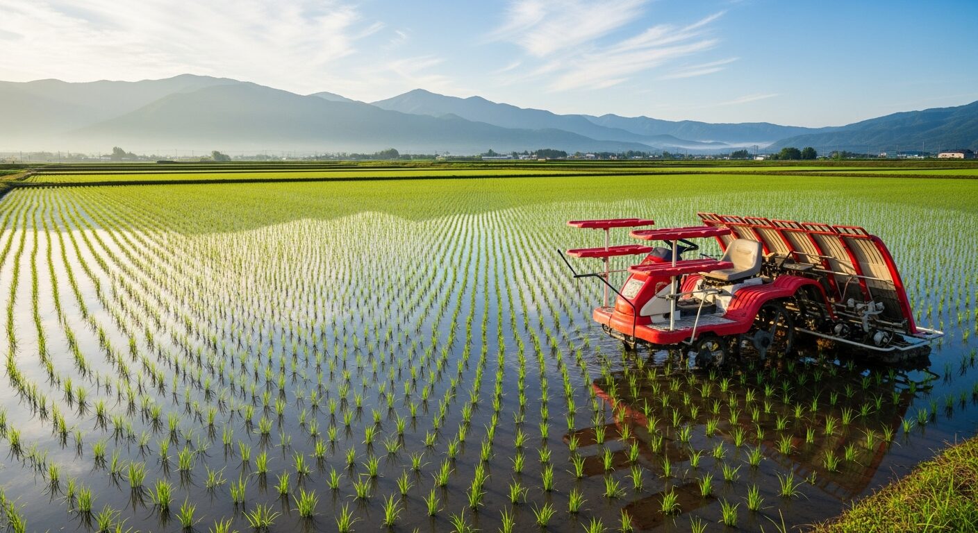 春の田植えシーズンの水田風景