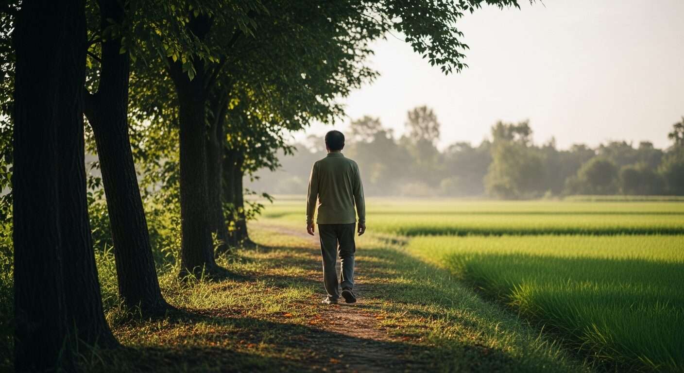 田園風景の中を歩く後ろ姿