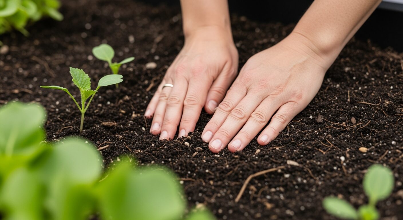 畑の土にやさしく触れる手元