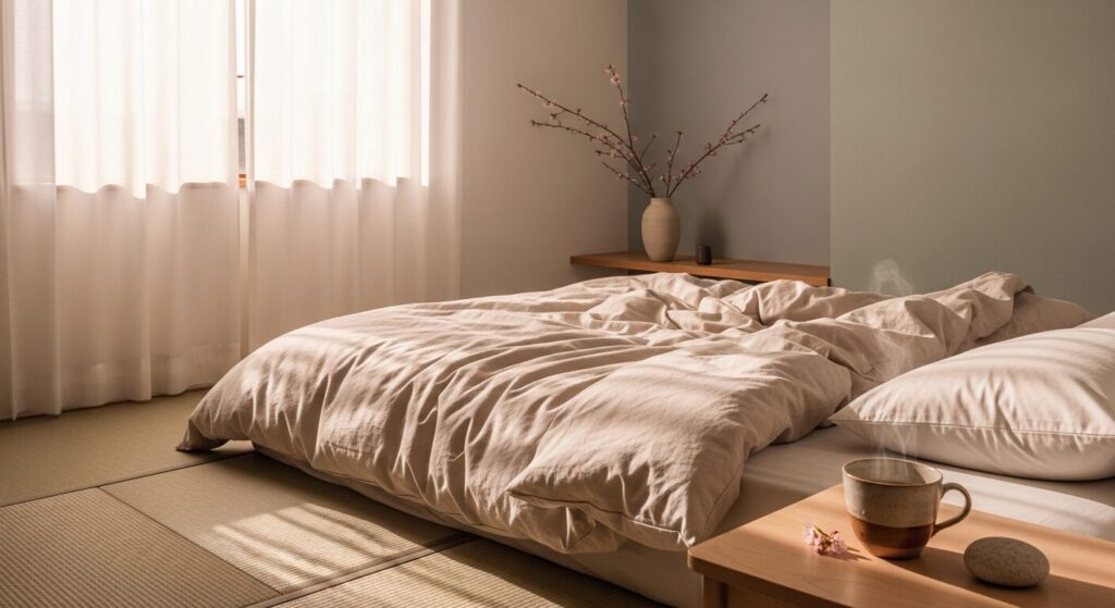 カーテン越しの朝の光が差し込む静かな寝室