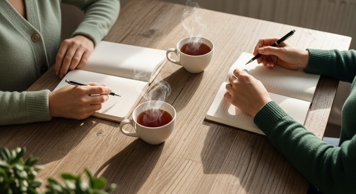 ふたり分のノートとお茶を囲んだ面談の手元