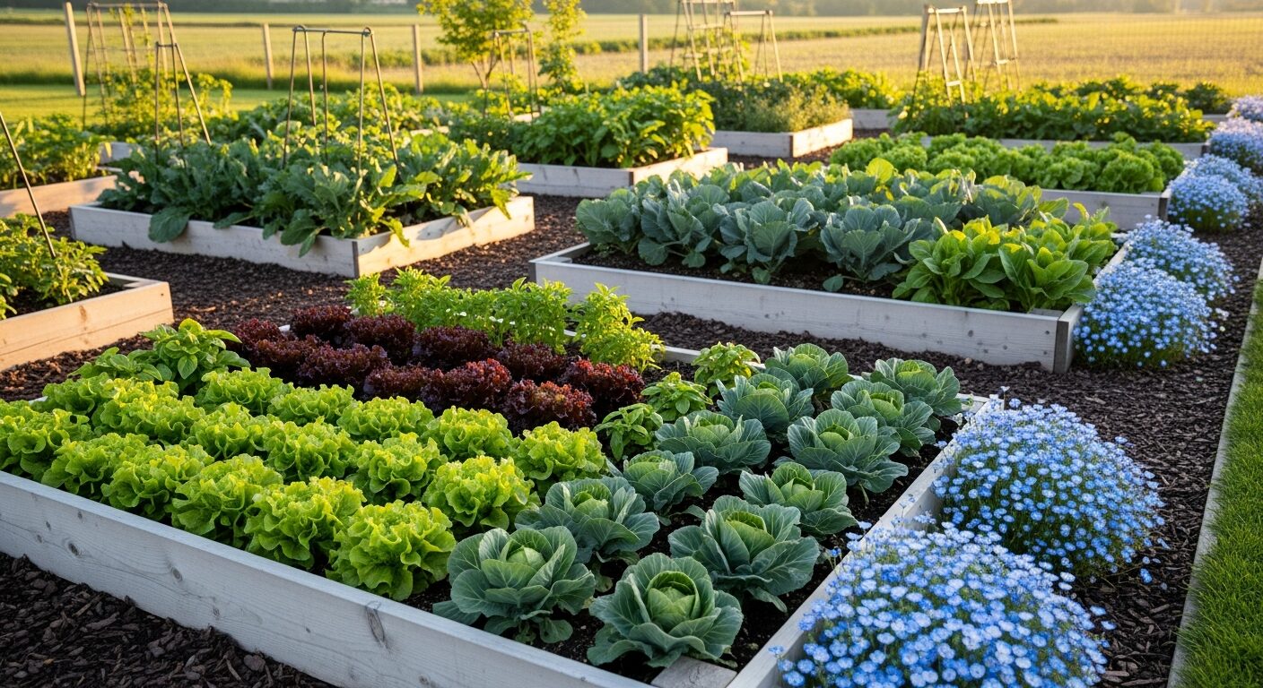 野菜畑の縁取りに植えたネモフィラ