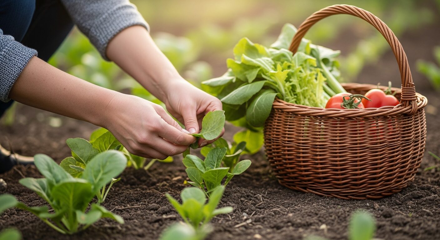 畑で野菜を収穫する手元