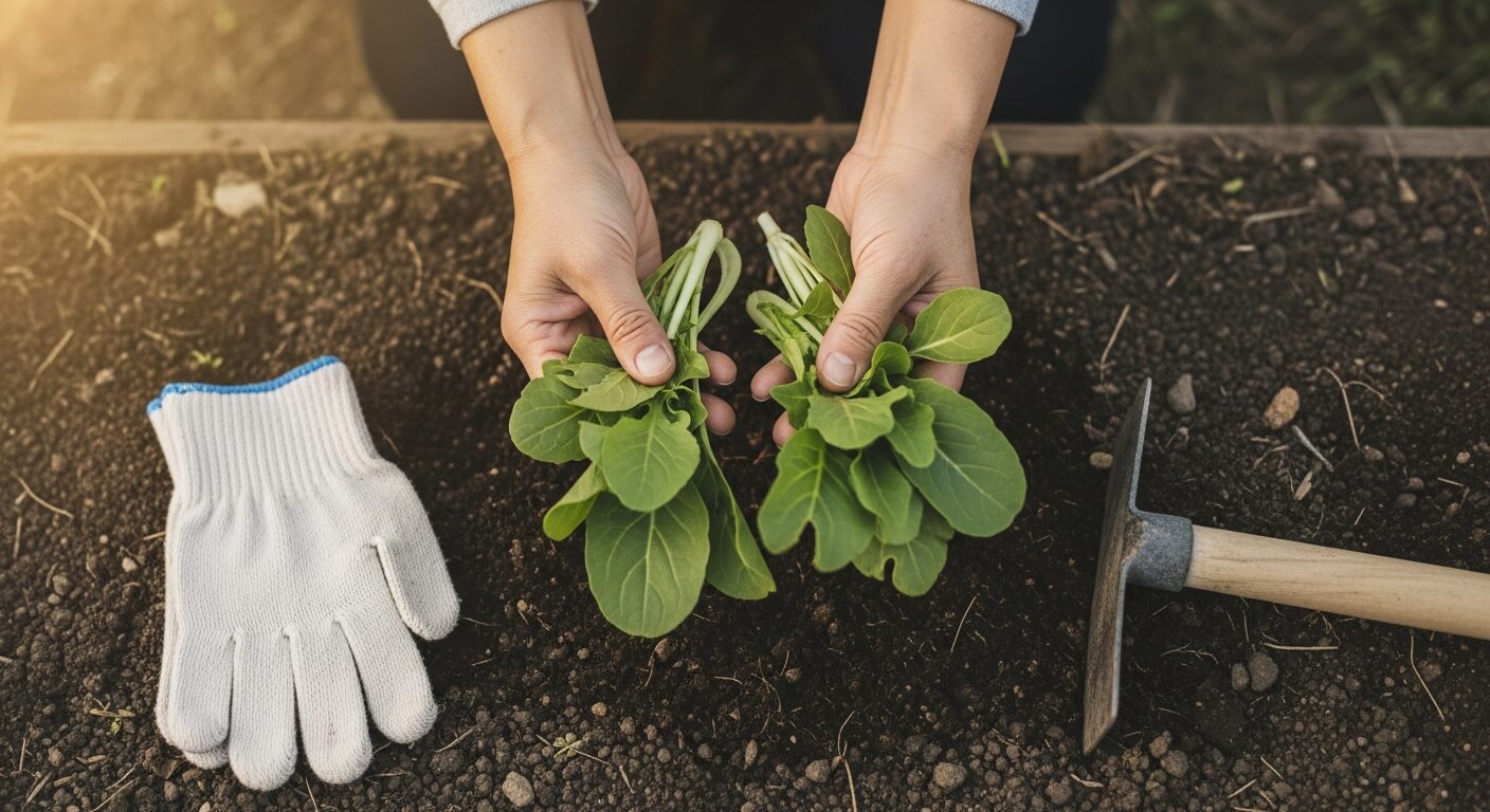畑でやさしく野菜を手に取る手元
