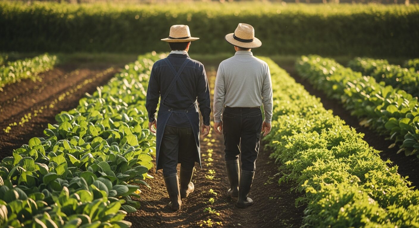 農園で一緒に歩く二人の後ろ姿