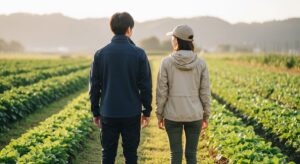畑のなかを歩く30代男女の後ろ姿