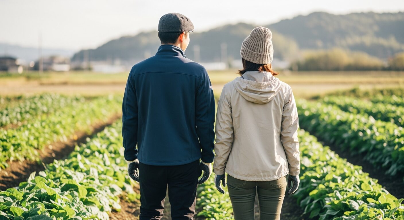 畑を歩く30代男女の後ろ姿