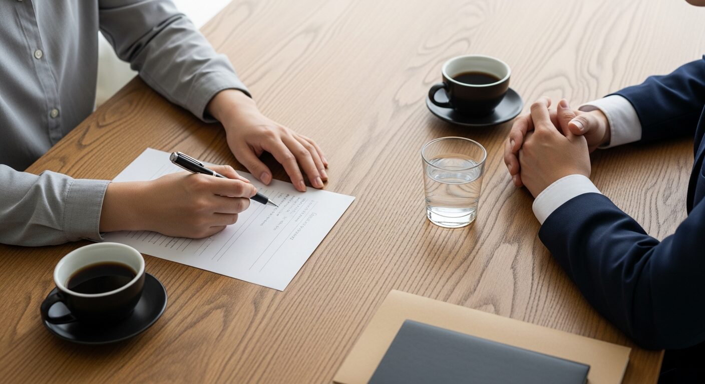 テーブル越しに対話する人事担当者と本人の手元
