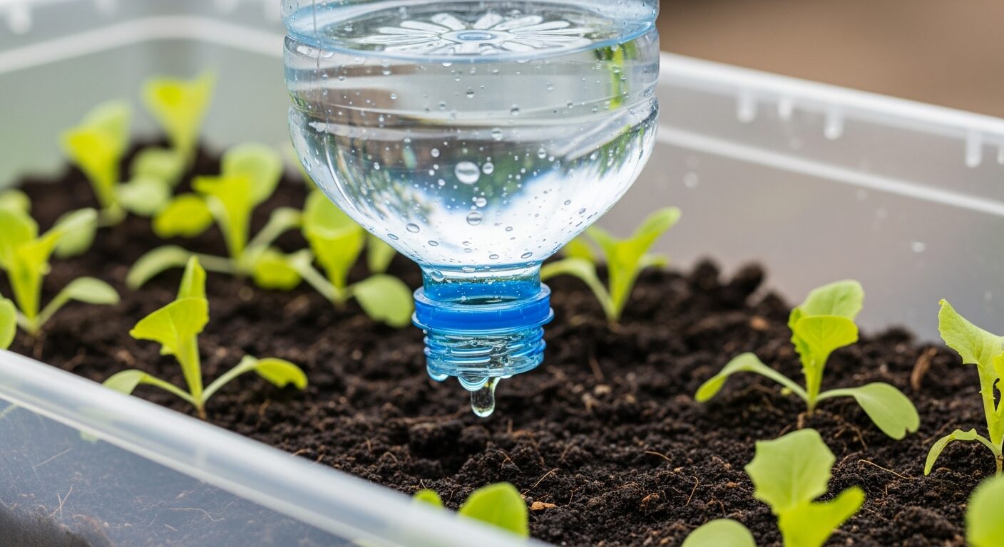 逆さに刺したペットボトル自動水やり器