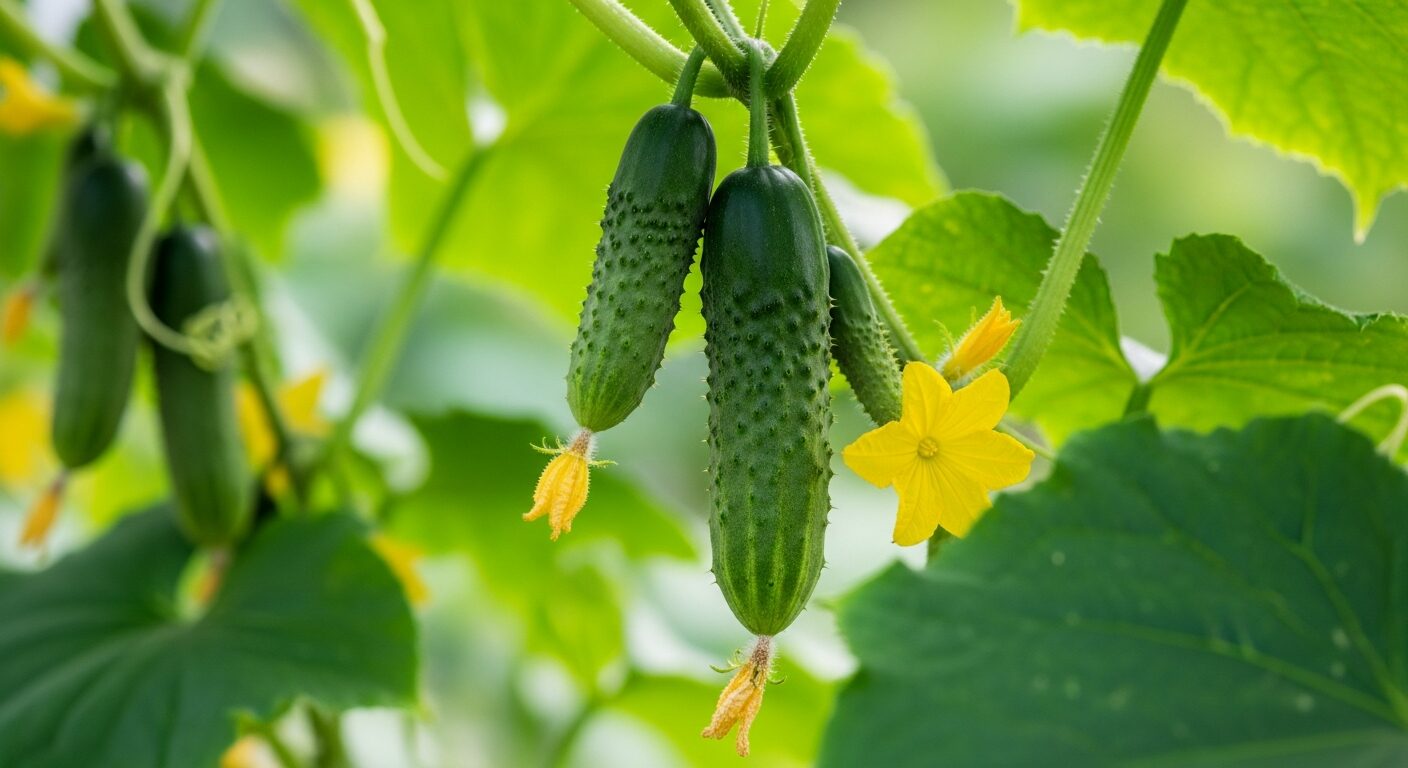 ツルに実った収穫適期のキュウリ