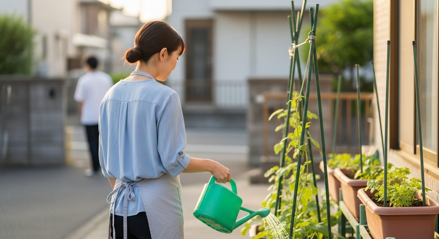 玄関前で水やりする家庭菜園の様子（後ろ姿）