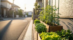 住宅地の玄関先に置かれた家庭菜園のプランター