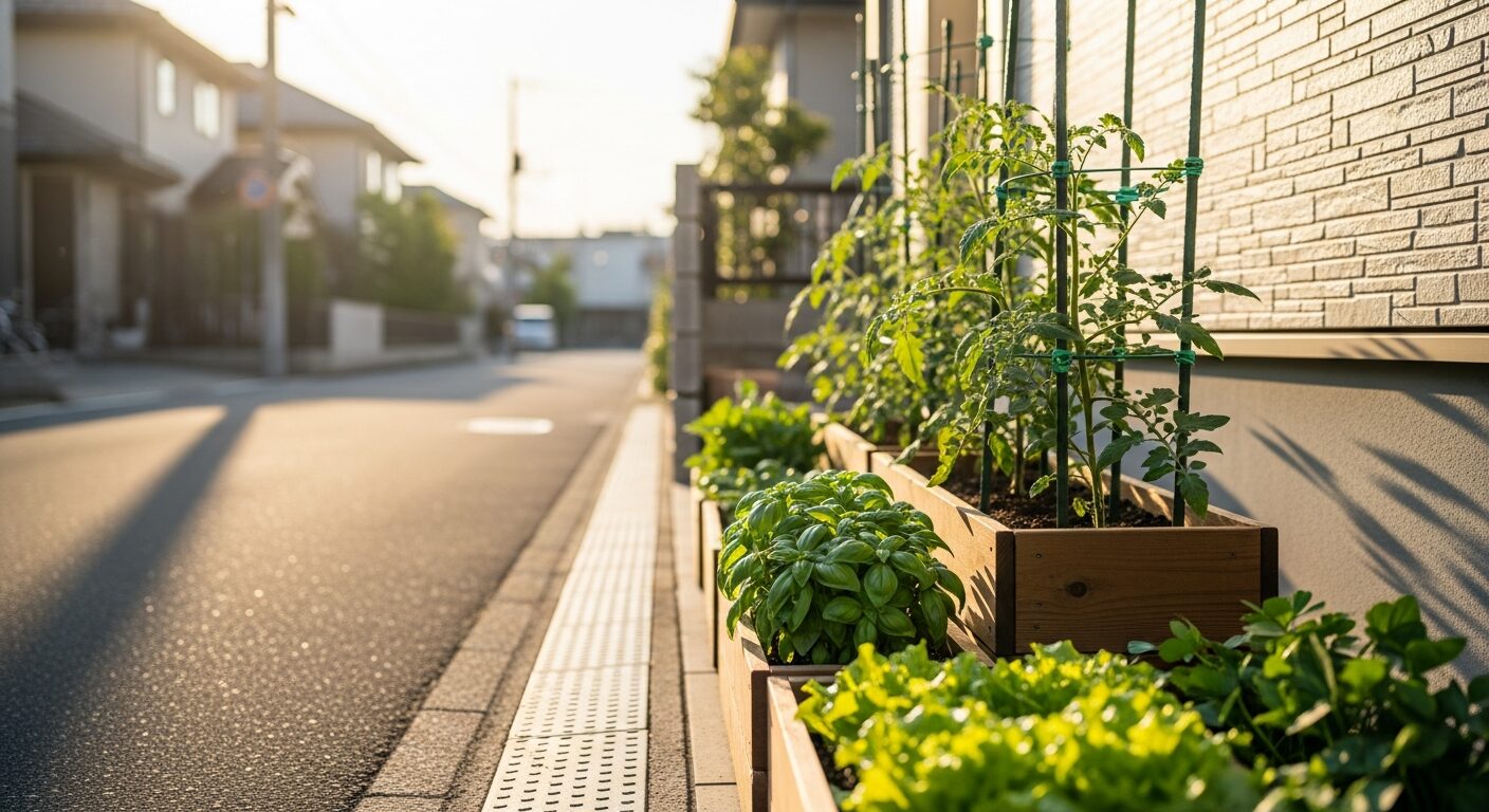住宅地の玄関先に置かれた家庭菜園のプランター
