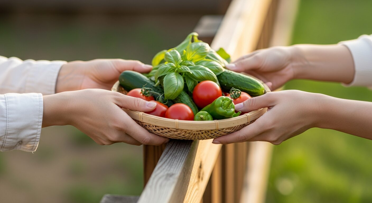 フェンス越しに採れたて野菜をおすそ分け
