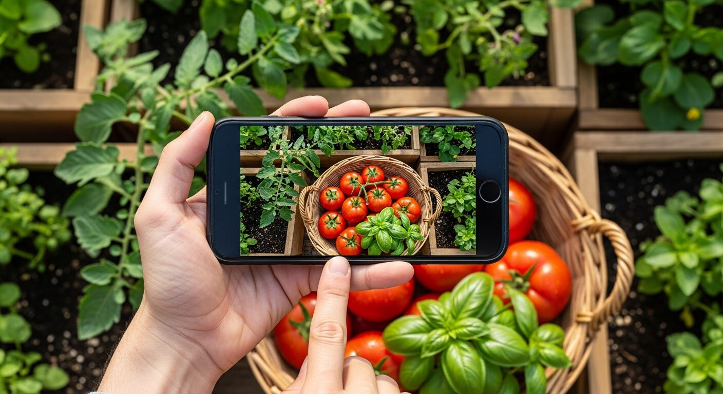 家庭菜園と収穫物をスマホで撮影しSNSへ