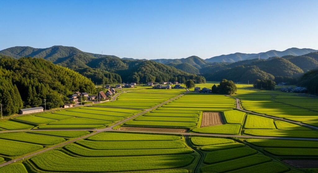 里山に広がる日本の農地と田園風景