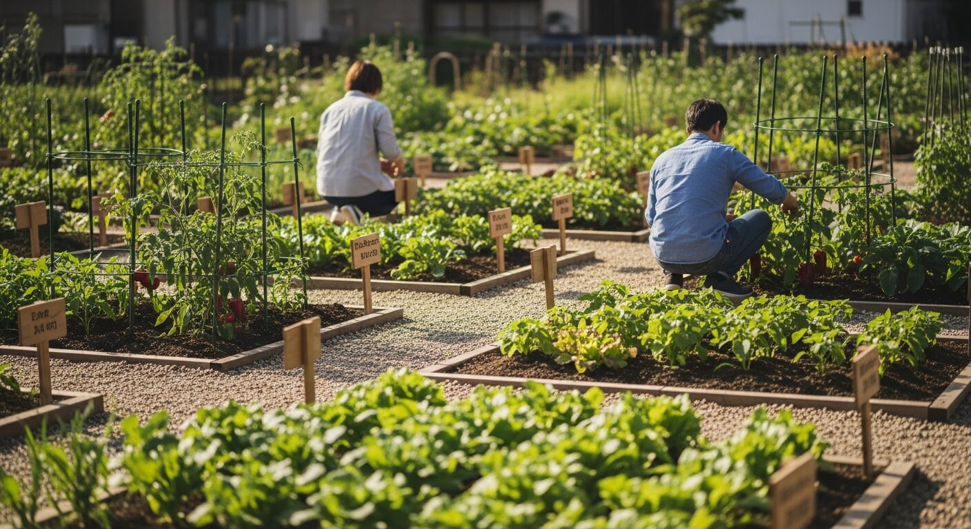市民農園で野菜づくりを楽しむ人々