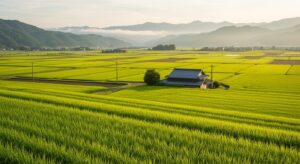 日本の田園風景。広がる稲田と農家