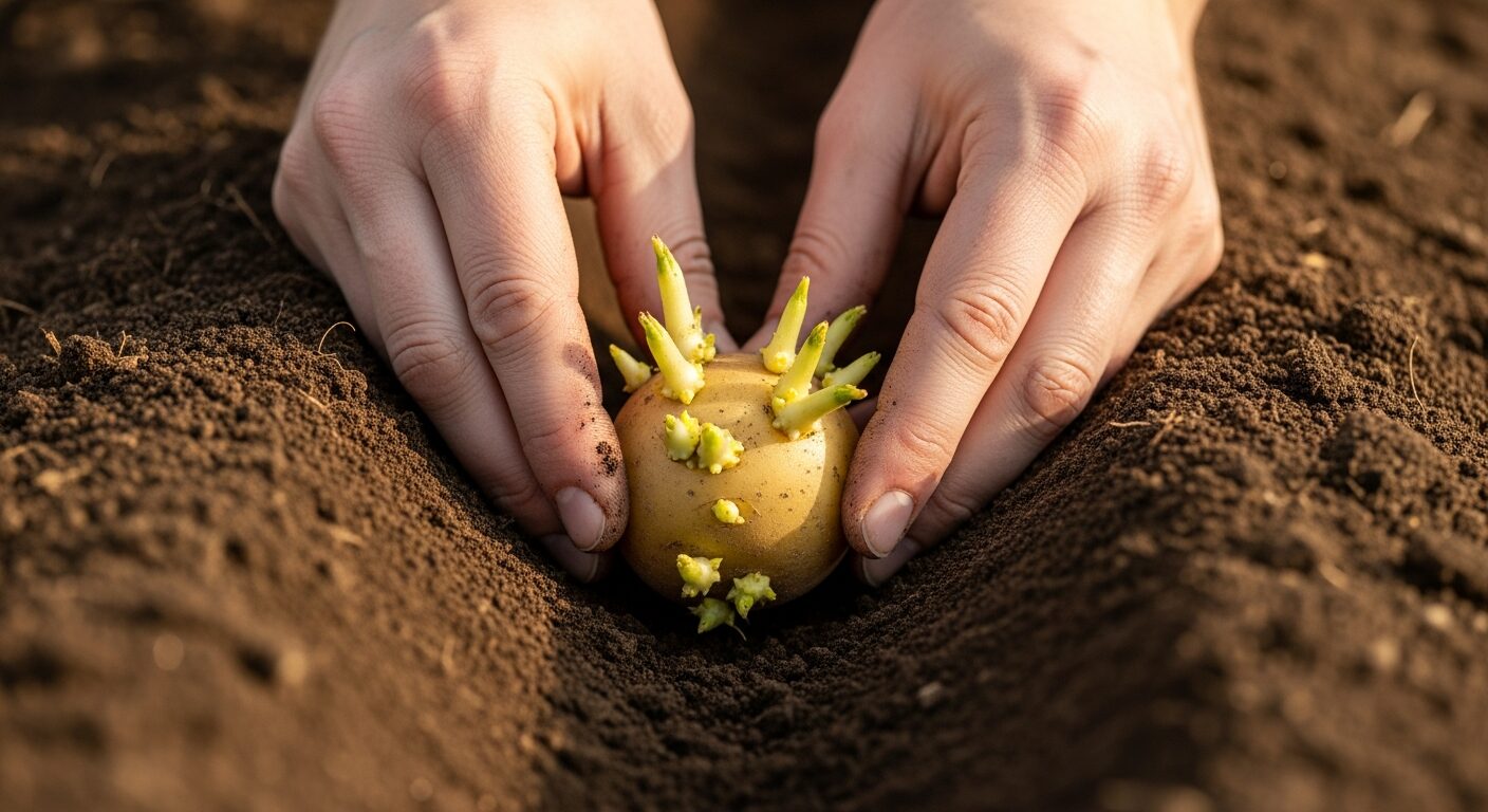 種いもを畑に植え付ける手元