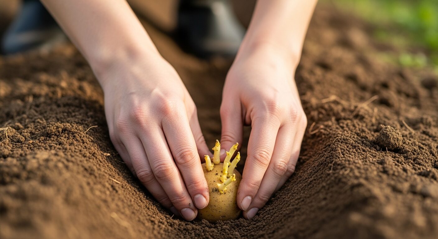家庭菜園で種いもを植える手元