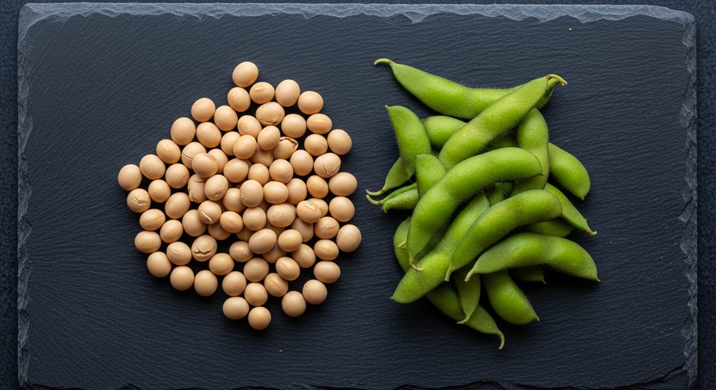 同じ植物の完熟（大豆・左）と未成熟（枝豆・右）