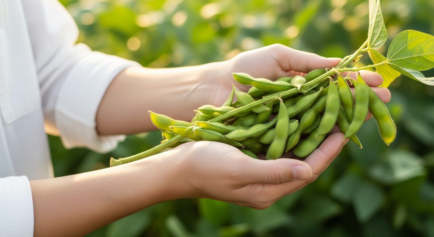 収穫した枝豆の枝を持つ手元