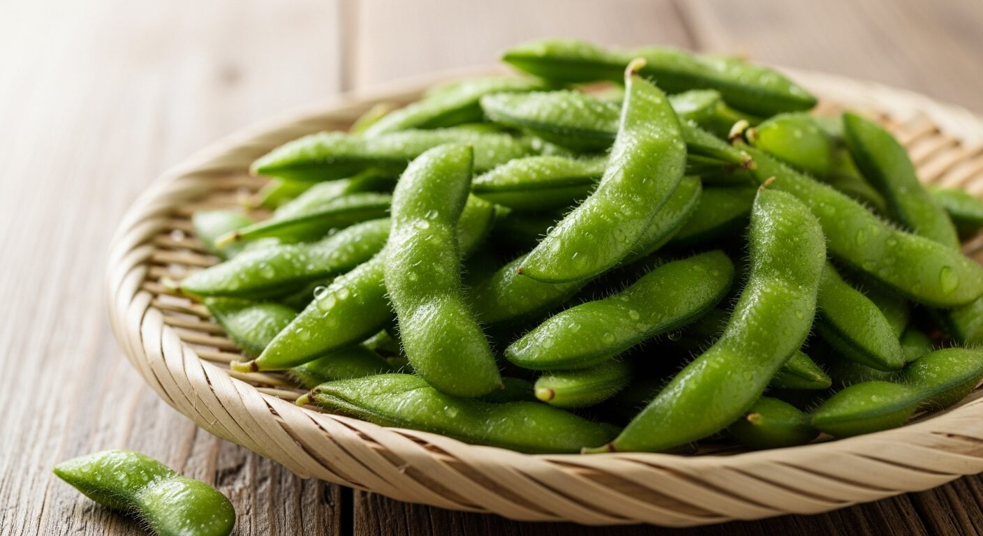 収穫したての枝豆のさや