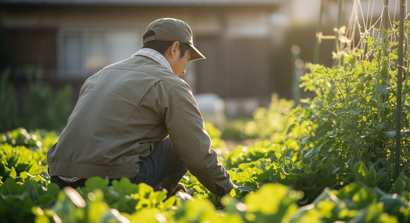 畑で野菜の世話をする人の後ろ姿