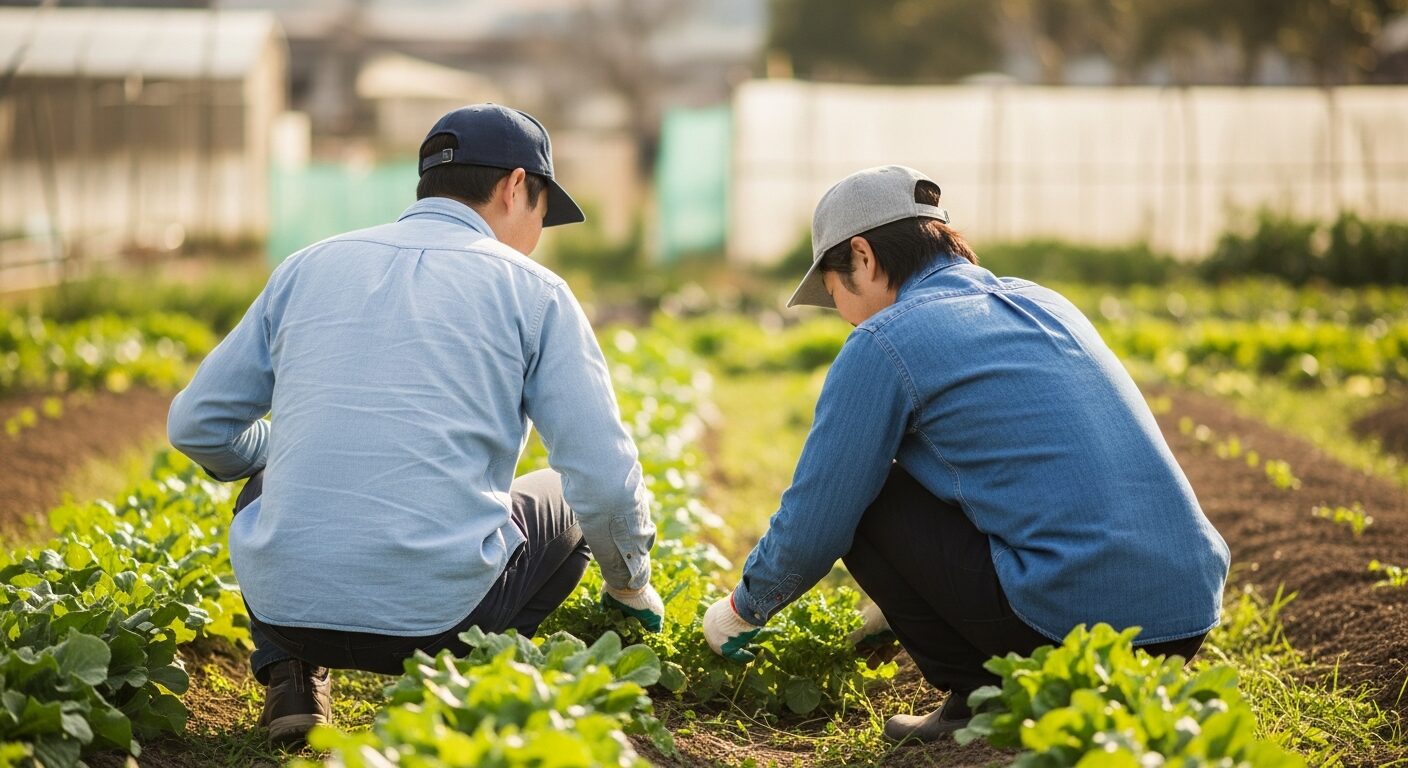 コミュニティ農園で一緒に作業する人たちの後ろ姿