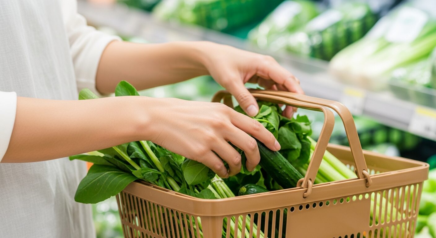 スーパーの青果売り場で野菜を買い物かごに入れる手元