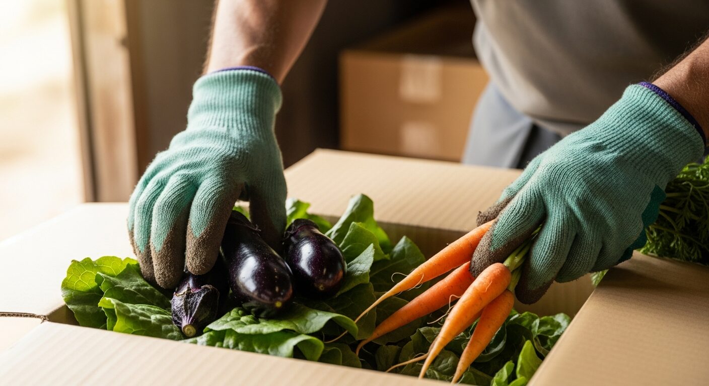 収穫した野菜を出荷箱に詰める農家の手元