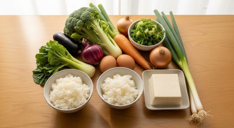 木のテーブルに並んだ日常の日本の食材