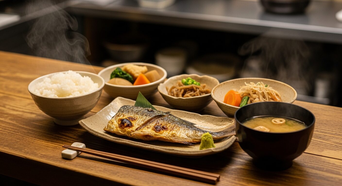 定食屋のカウンターに並ぶ和定食