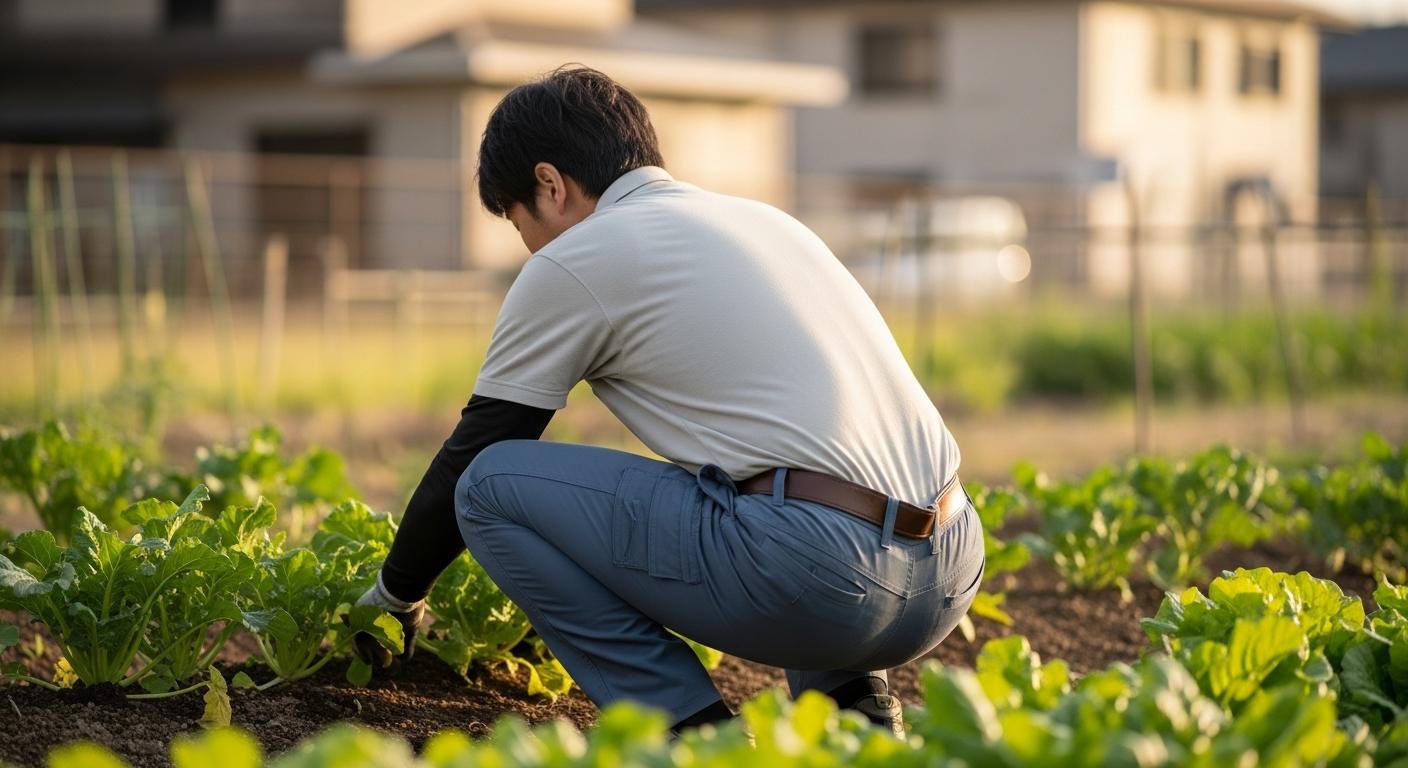 市民農園の区画で野菜の世話をする人の後ろ姿