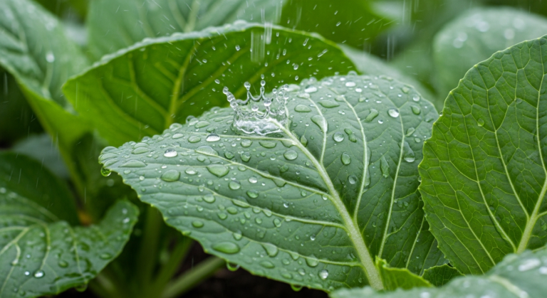 激しい雨が打ちつける葉物野菜の葉