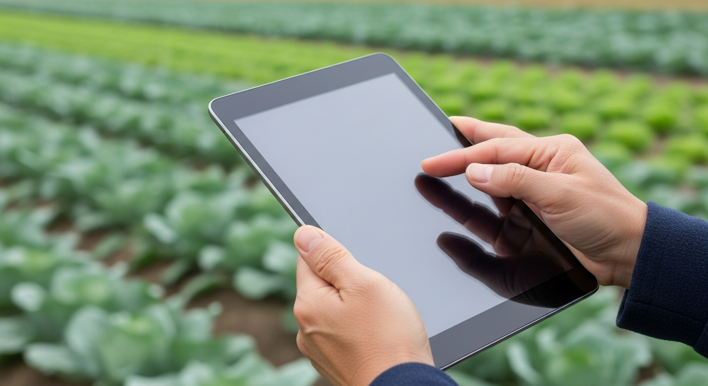 畑のそばでタブレットを操作する手元