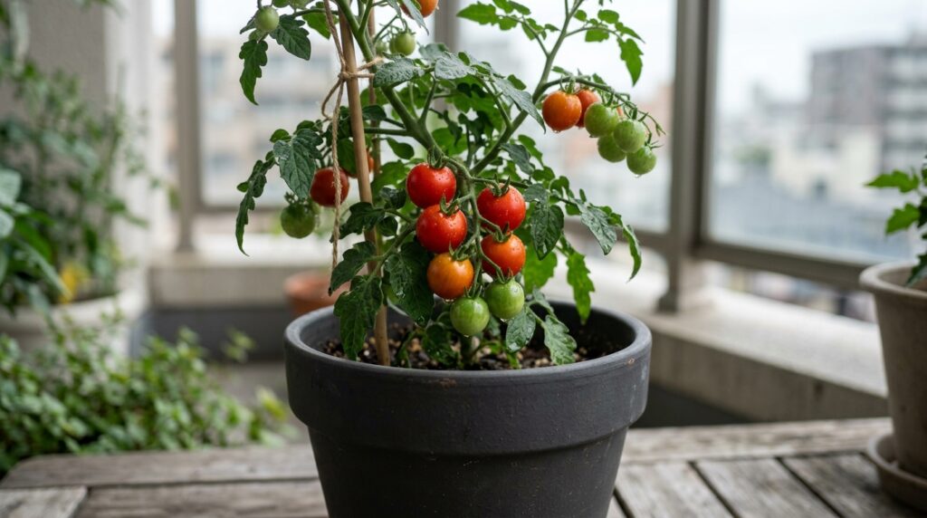 ベランダのプランターで実をつけたミニトマト。家庭菜園は一株からでも始められる