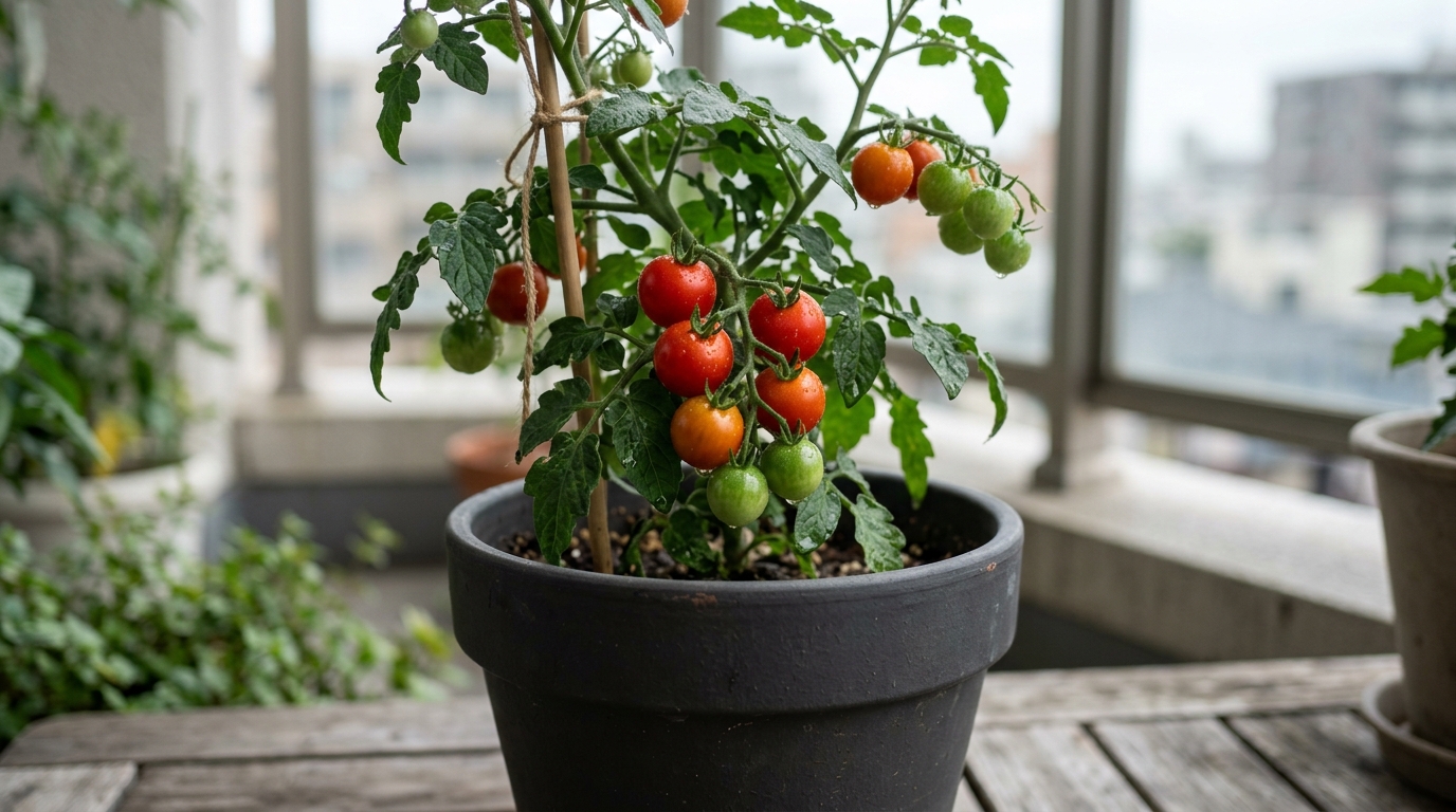 ベランダのプランターで実をつけたミニトマト。家庭菜園は一株からでも始められる