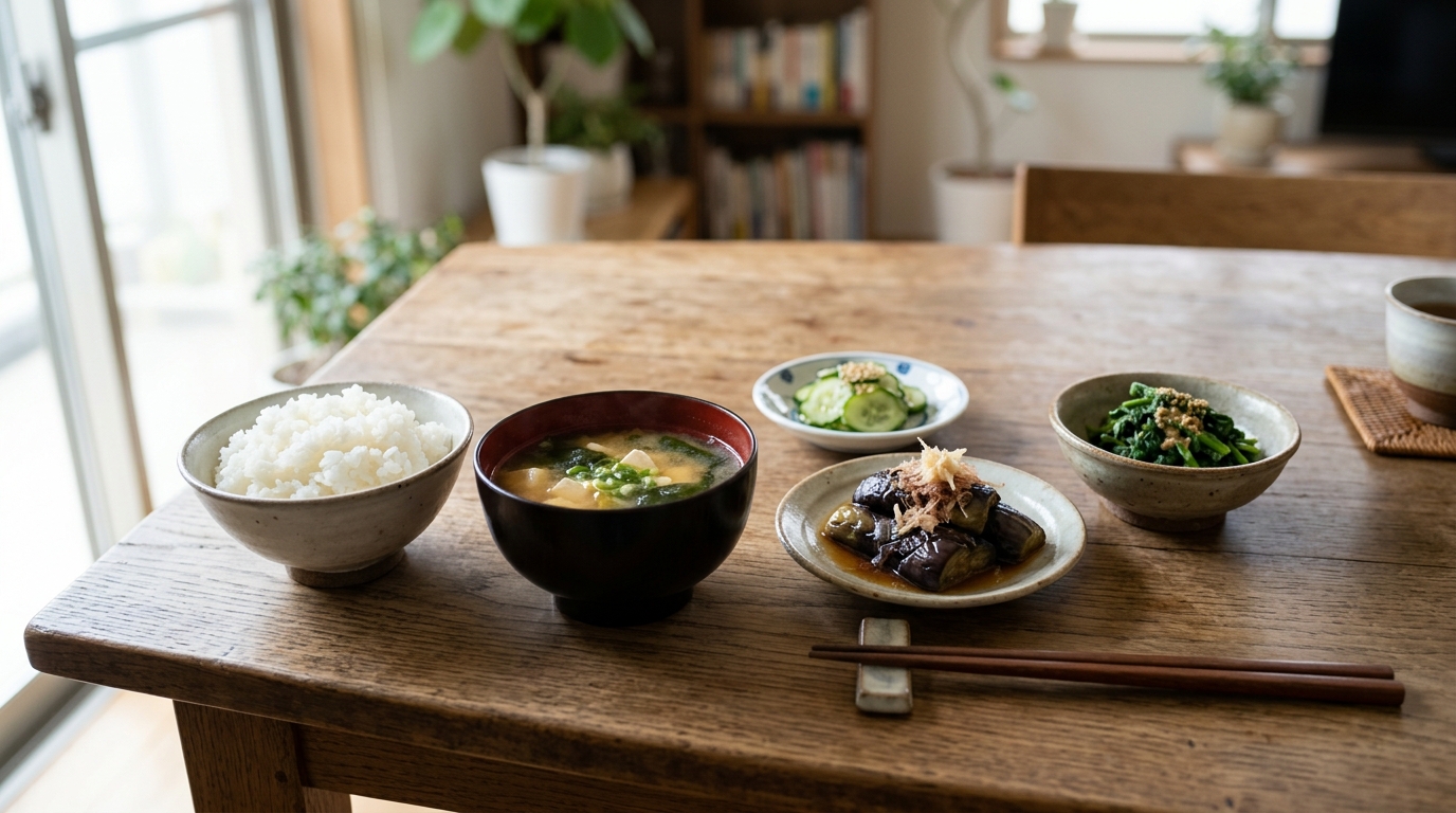 家庭菜園の野菜で作ったおかずとごはんの食卓。食料自給率の話は毎日の食卓につながっている
