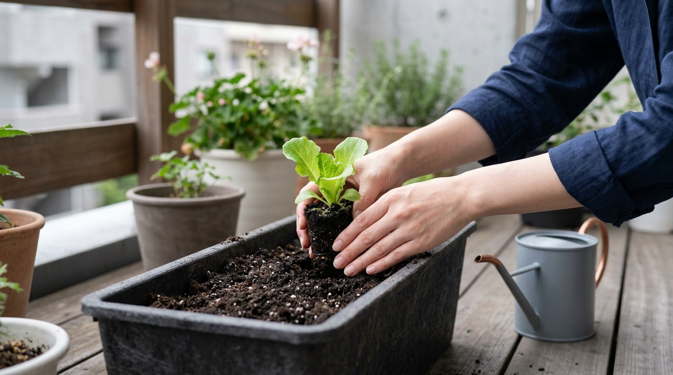 プランターに葉物野菜の苗を植え付ける手元