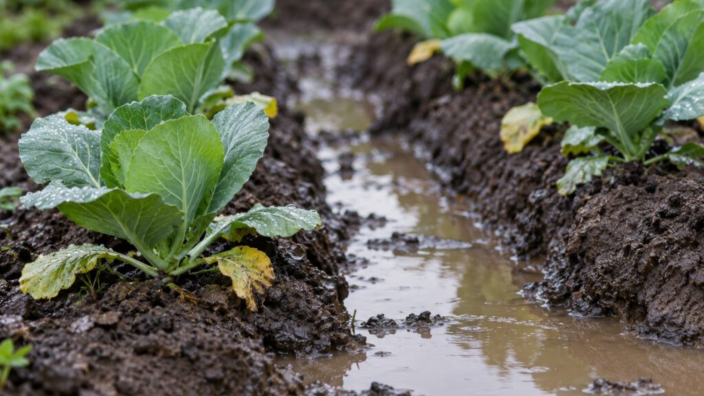 長雨のあとの家庭菜園の畝間に水がたまり、キャベツの苗の下葉が黄ばんでいる様子