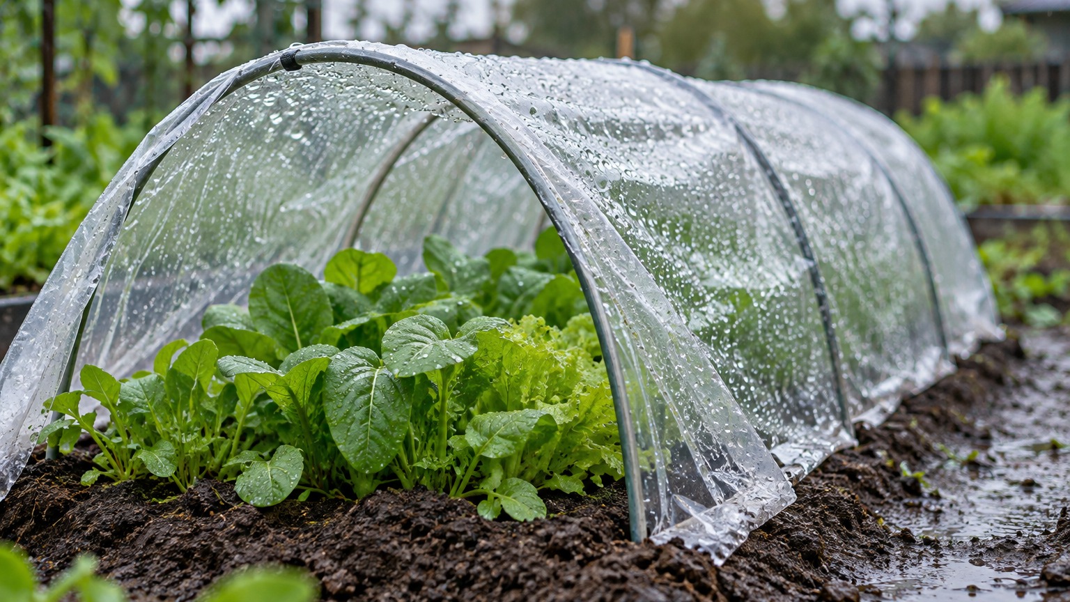 雨よけのビニールトンネルをかけた家庭菜園の葉物野菜の列