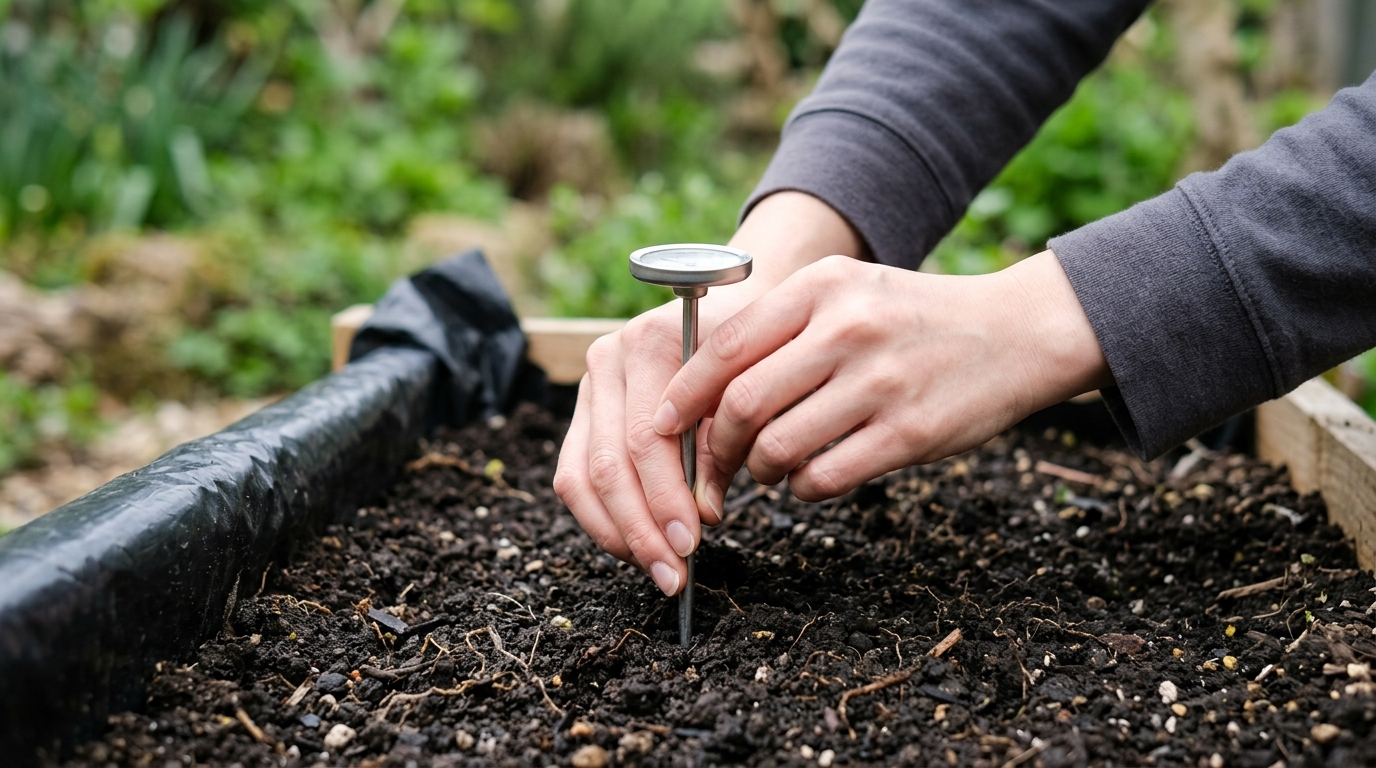 さつまいもの苗を植える前に地温計で畝の温度を測っているところ