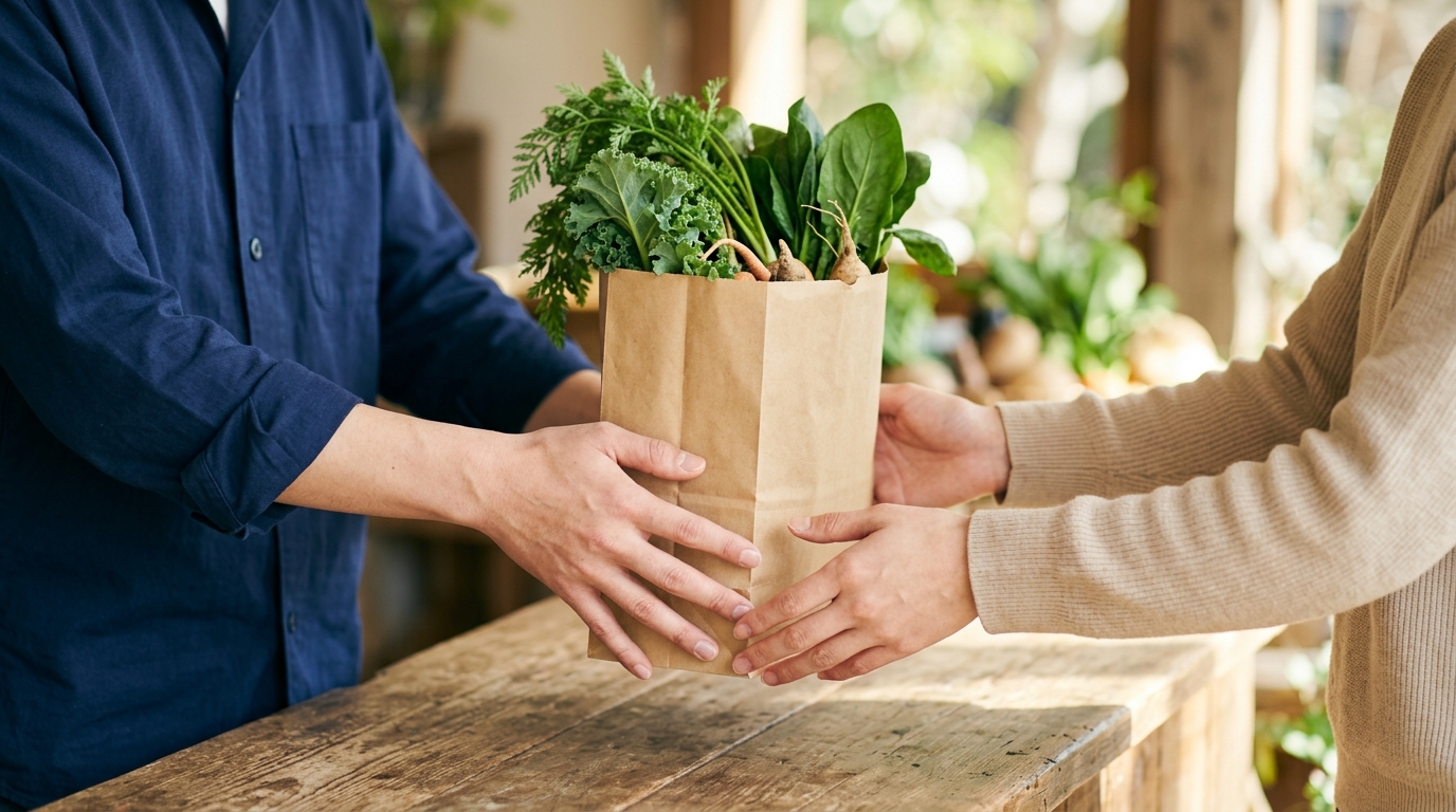 収穫した野菜の袋を手渡す作り手と買い手の手元