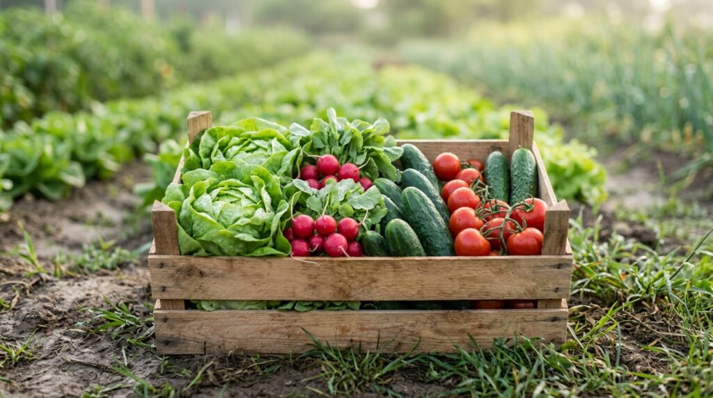 選別され出荷用コンテナに整然と詰められた収穫直後の野菜