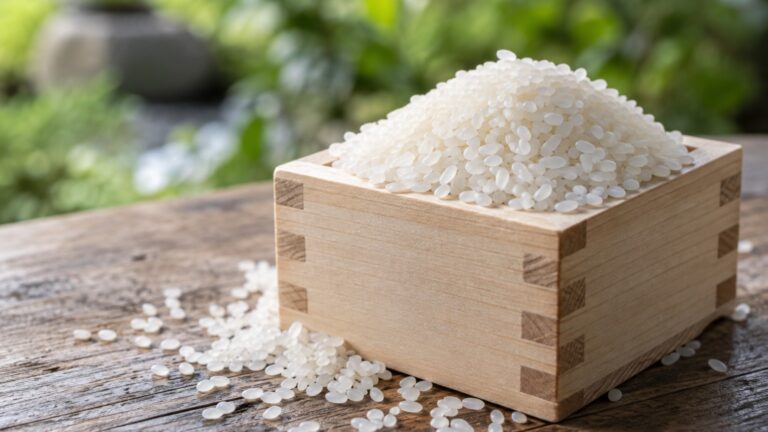木の升にこんもり盛った白米の粒。カルローズ米と国産米のどちらを選ぶかは食卓の入口の話になる