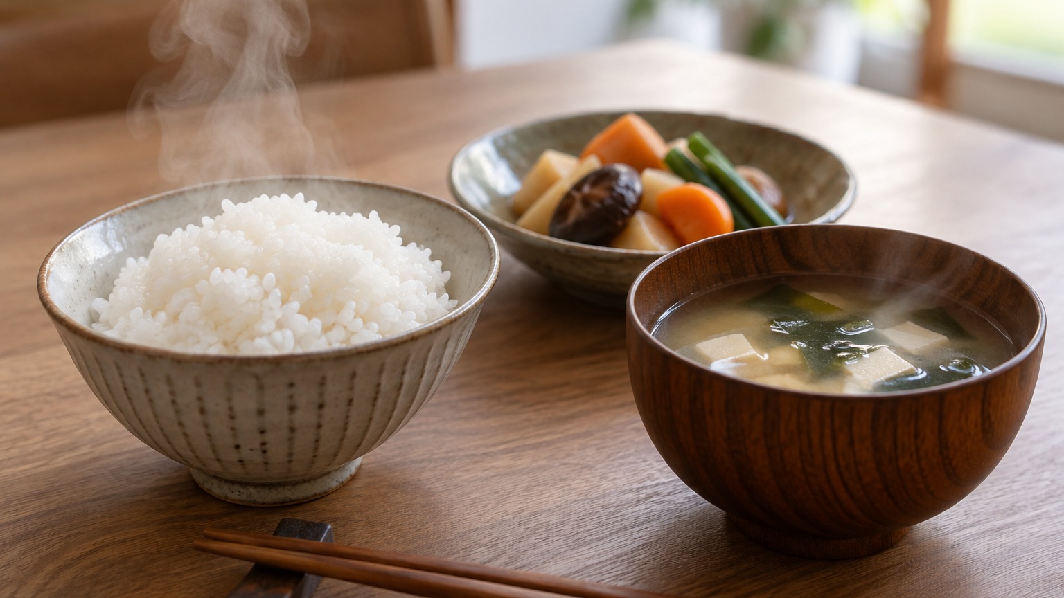 炊きたてのご飯と味噌汁と野菜の煮物が並ぶ家庭の食卓