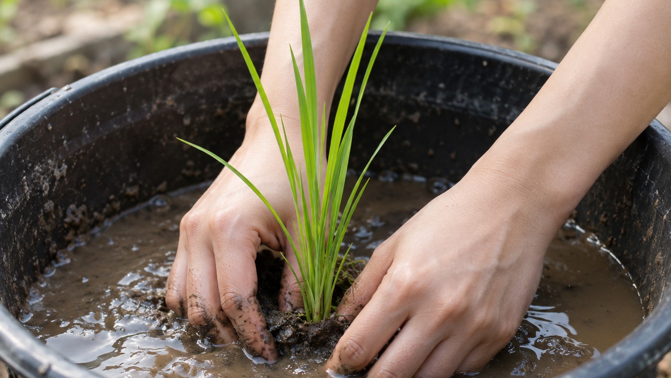 黒いバケツの泥水に稲の苗を植え付ける手元。家庭菜園でできるバケツ稲づくり
