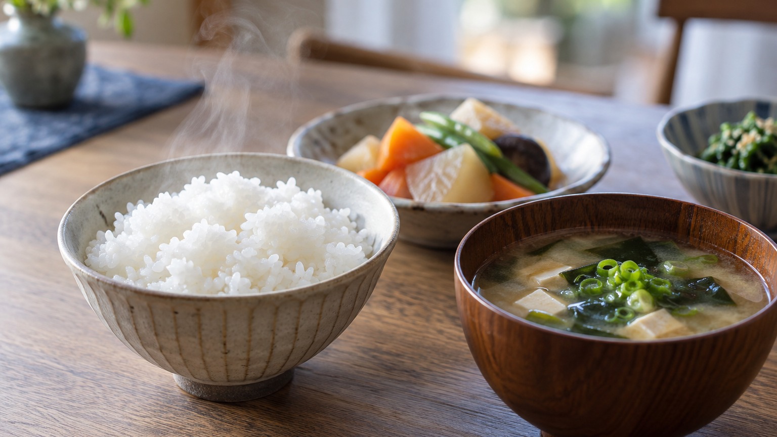 炊きたてのご飯と味噌汁と野菜の煮物が並ぶ家庭の食卓。国産米を日々の食卓で選ぶイメージ